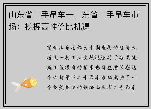 山东省二手吊车—山东省二手吊车市场：挖掘高性价比机遇